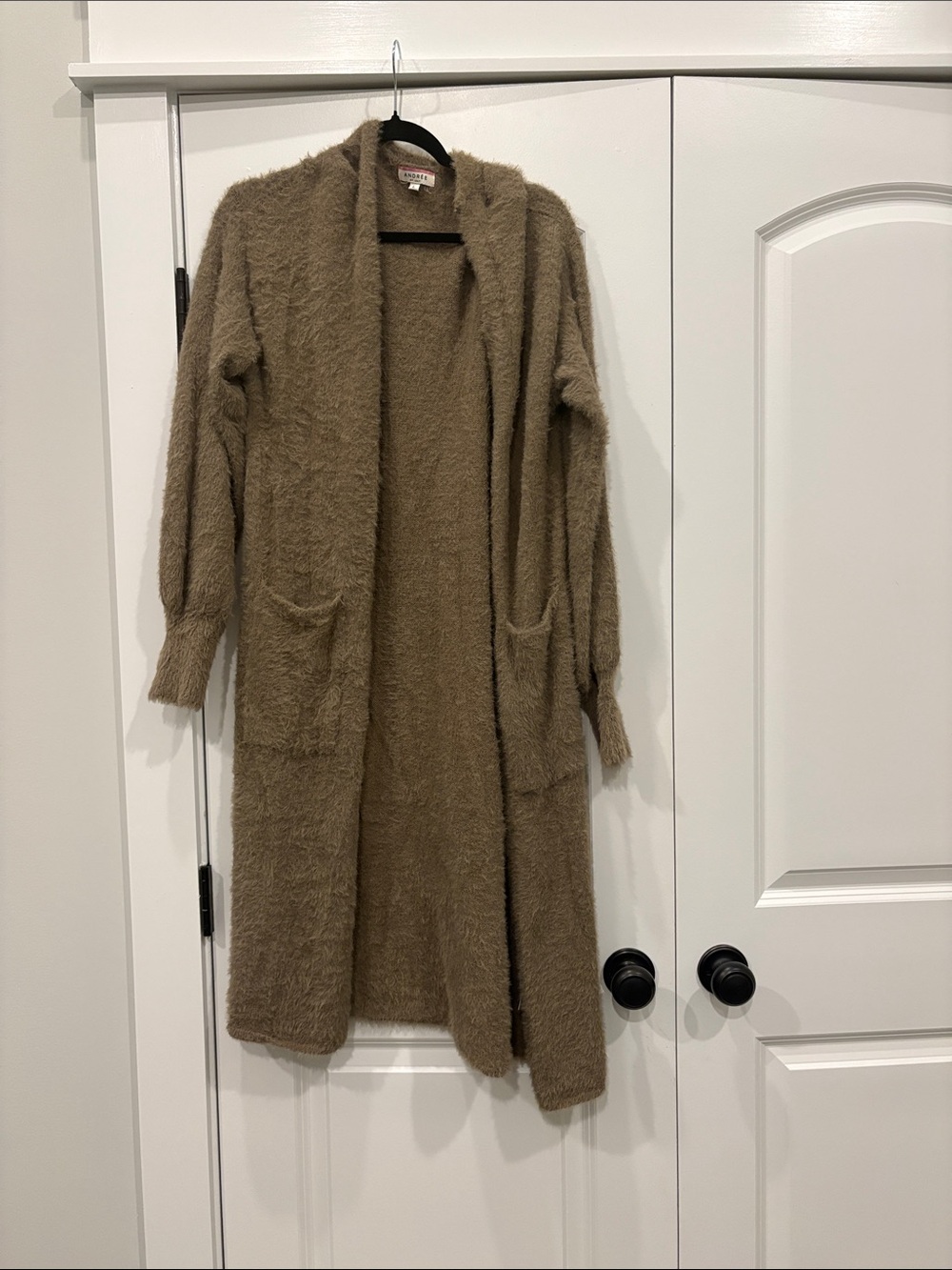 ANDREE BY UNIT Taupe Long Fuzzy Open-Front Cardigan